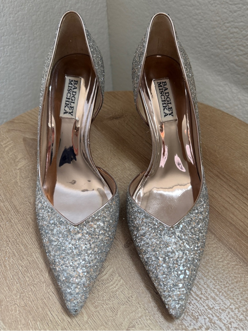 Badgley Mischka “Daisy” Glitter Pointed-Toe Pumps with Rose Gold Lining